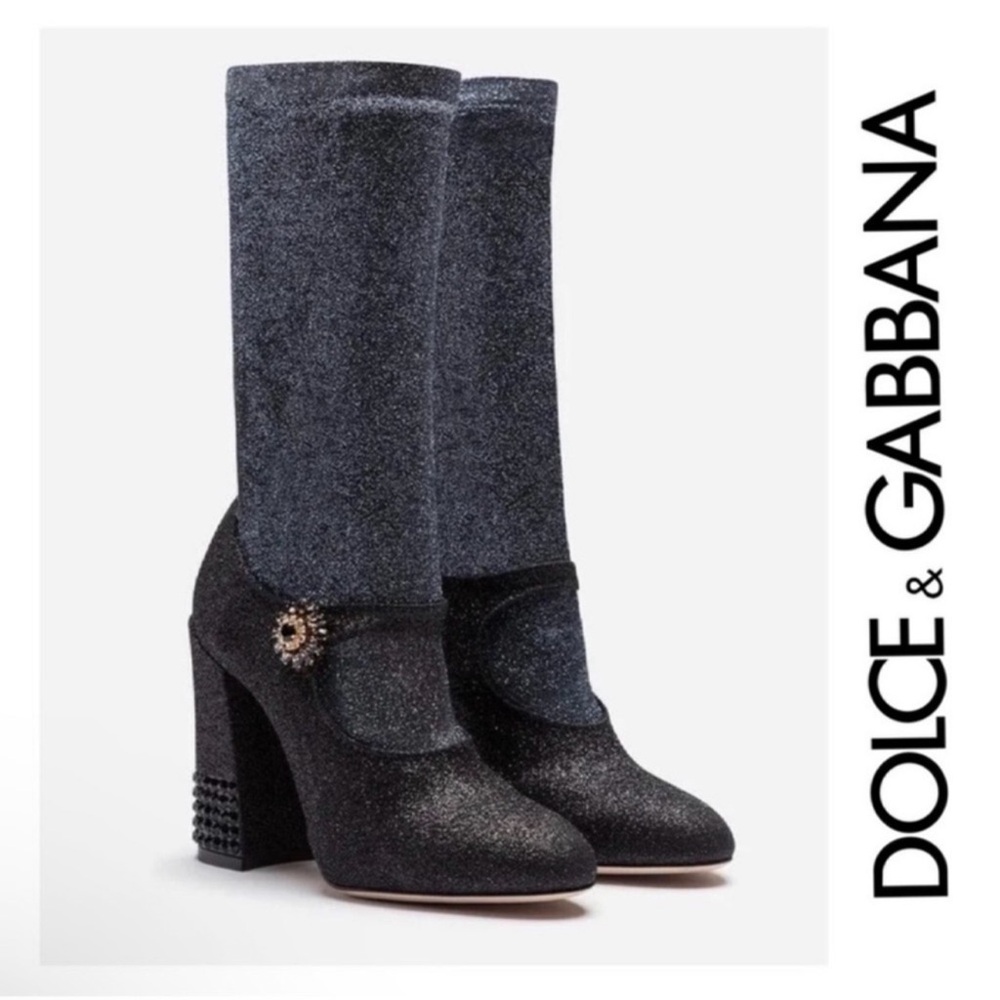New! DOLCE & GABBANA Crystal Sock Mary Jane Black Glitter Boots Block Heel